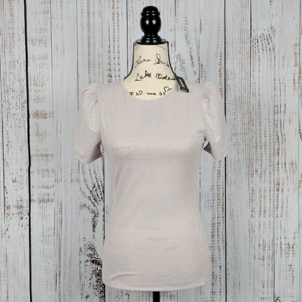 NWT Express Blush Pink XS Glitter Dressy Chic Classic Short Puffed Sleeve Blouse